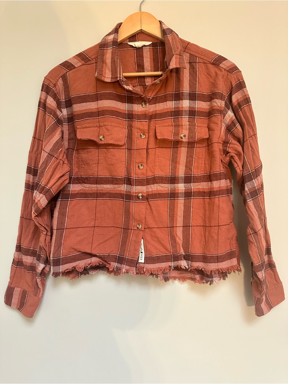 Lucky Brand Orange‎ Plaid Cropped Button‑Down Shirt Women’s Small Frayed Hem
